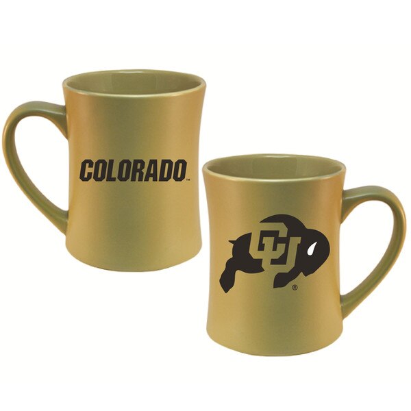 Matte gold ceramic mug with Colorado text on one side and CU Buffaloes logo on the other.